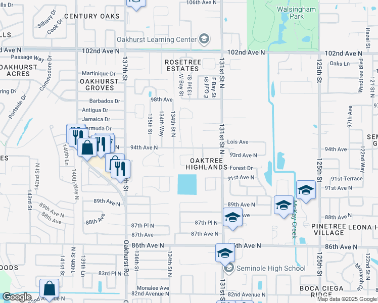 map of restaurants, bars, coffee shops, grocery stores, and more near 13327 93rd Avenue North in Seminole