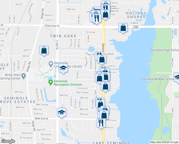 map of restaurants, bars, coffee shops, grocery stores, and more near 10896 Valencia Avenue in Seminole
