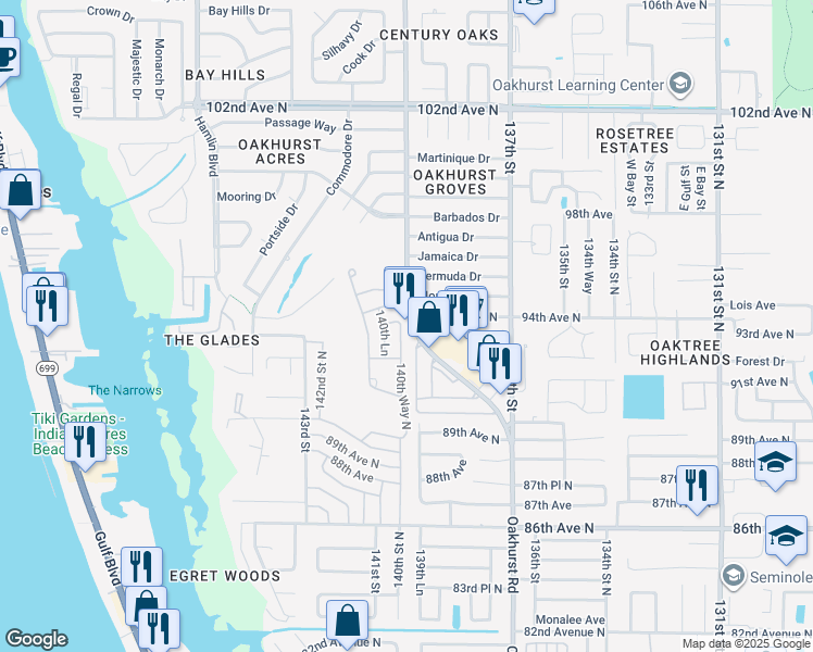map of restaurants, bars, coffee shops, grocery stores, and more near 9142 Oakwood Lane in Seminole