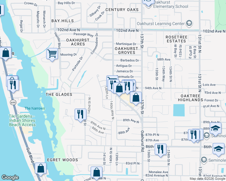 map of restaurants, bars, coffee shops, grocery stores, and more near 9288 140th Way North in Seminole