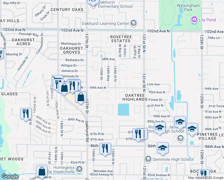 map of restaurants, bars, coffee shops, grocery stores, and more near 9298 133rd Lane in Seminole