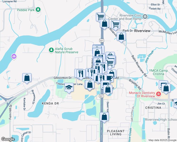 map of restaurants, bars, coffee shops, grocery stores, and more near 9610 Oakridge Avenue in Riverview