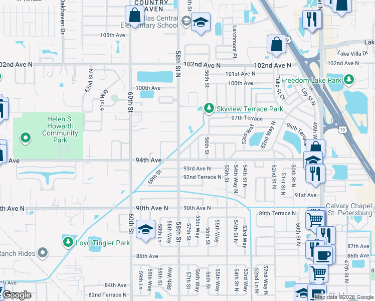 map of restaurants, bars, coffee shops, grocery stores, and more near 5760 94th Terrace North in Pinellas Park