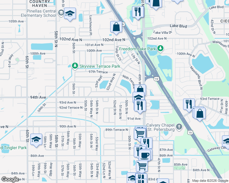 map of restaurants, bars, coffee shops, grocery stores, and more near 9875 52nd Street North in Pinellas Park