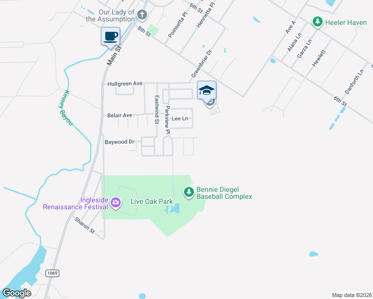map of restaurants, bars, coffee shops, grocery stores, and more near 2094 Ridgewood Circle in Ingleside