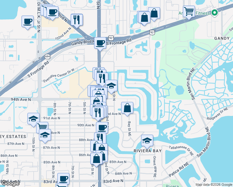map of restaurants, bars, coffee shops, grocery stores, and more near 9445 2nd Street North in Saint Petersburg