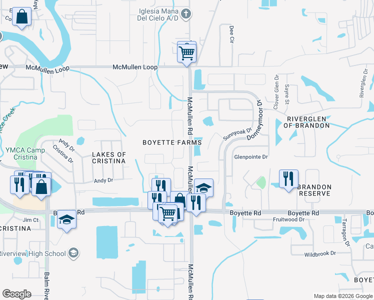 map of restaurants, bars, coffee shops, grocery stores, and more near 11721 South Stone Lane in Riverview