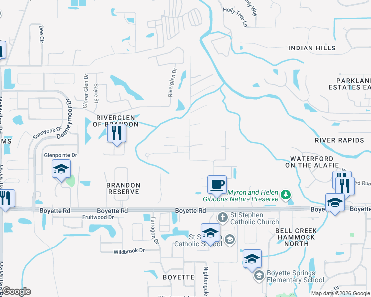 map of restaurants, bars, coffee shops, grocery stores, and more near 9601 Carr Road in Riverview