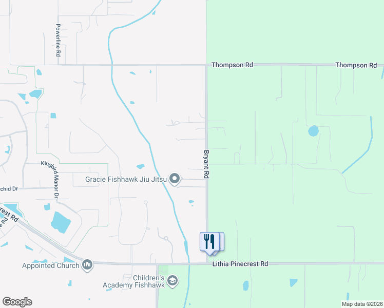 map of restaurants, bars, coffee shops, grocery stores, and more near 10103 Bryant Road in Lithia