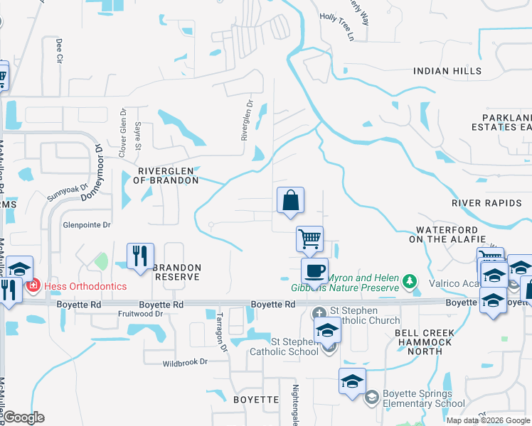 map of restaurants, bars, coffee shops, grocery stores, and more near 9706 Carr Road in Riverview