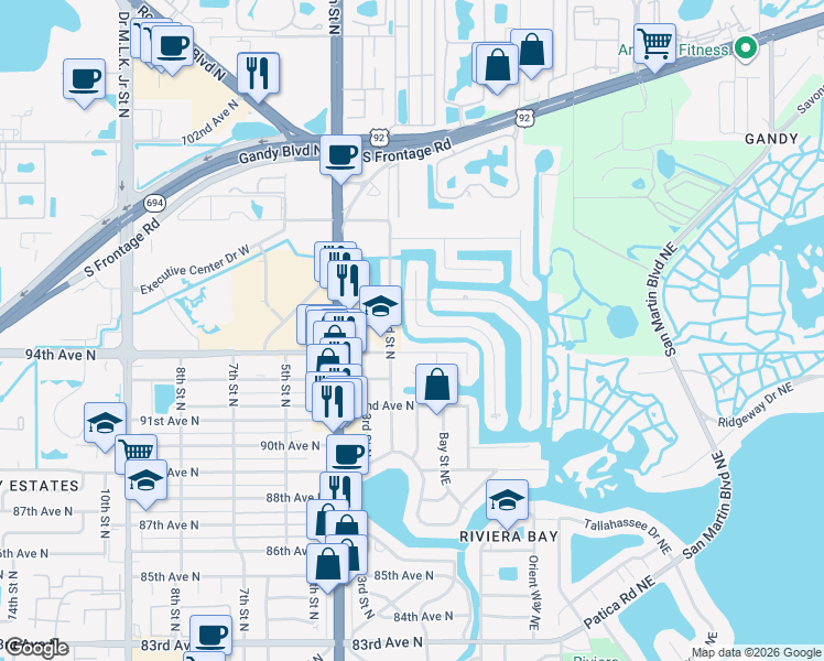 map of restaurants, bars, coffee shops, grocery stores, and more near 9445 2nd Street North in St. Petersburg