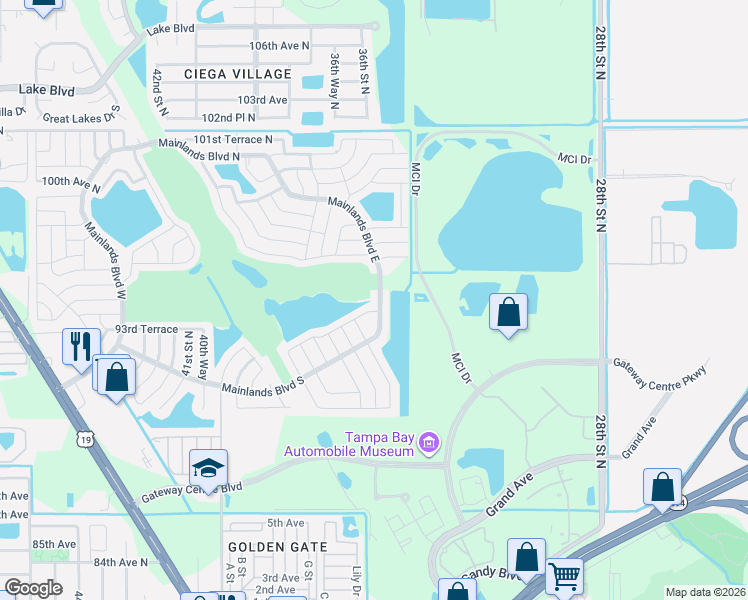 map of restaurants, bars, coffee shops, grocery stores, and more near 3425 93rd Avenue North in Pinellas Park
