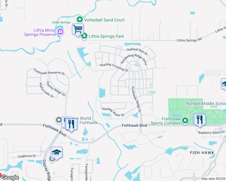 map of restaurants, bars, coffee shops, grocery stores, and more near 5409 Sanderling Ridge Drive in Lithia