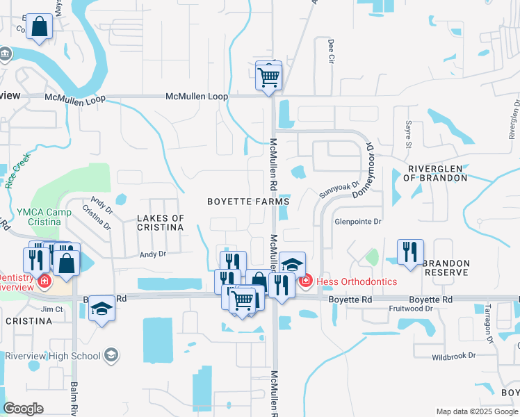 map of restaurants, bars, coffee shops, grocery stores, and more near 11724 South Stone Lane in Riverview