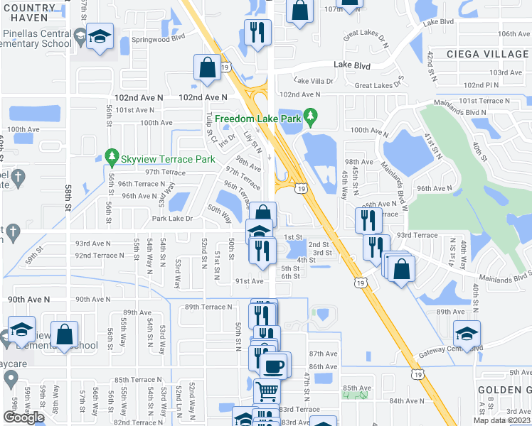 map of restaurants, bars, coffee shops, grocery stores, and more near 9507 49th Way in Pinellas Park