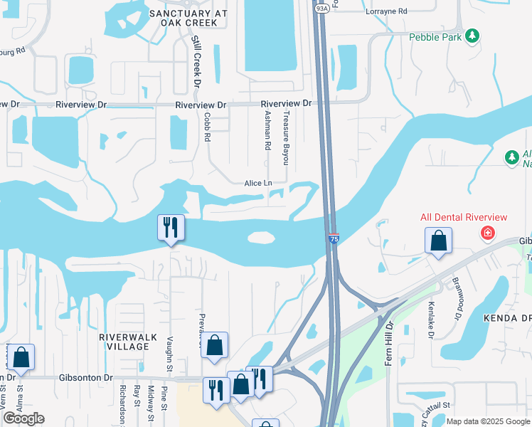 map of restaurants, bars, coffee shops, grocery stores, and more near 9501 River Cove Drive in Riverview