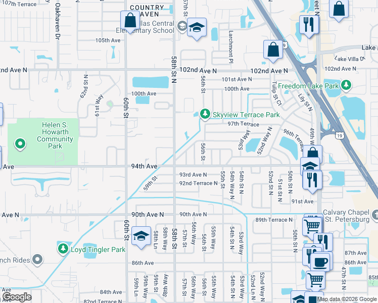 map of restaurants, bars, coffee shops, grocery stores, and more near 5760 94th Terrace North in Pinellas Park