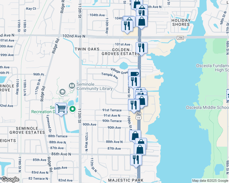 map of restaurants, bars, coffee shops, grocery stores, and more near 9469 Temple Avenue in Seminole