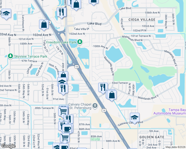map of restaurants, bars, coffee shops, grocery stores, and more near 9465 45th Place in Pinellas Park