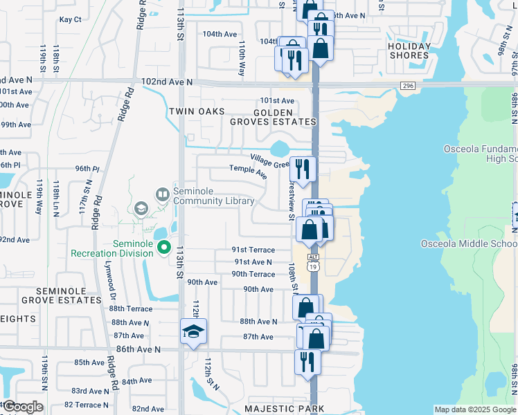 map of restaurants, bars, coffee shops, grocery stores, and more near 9469 Temple Avenue in Seminole