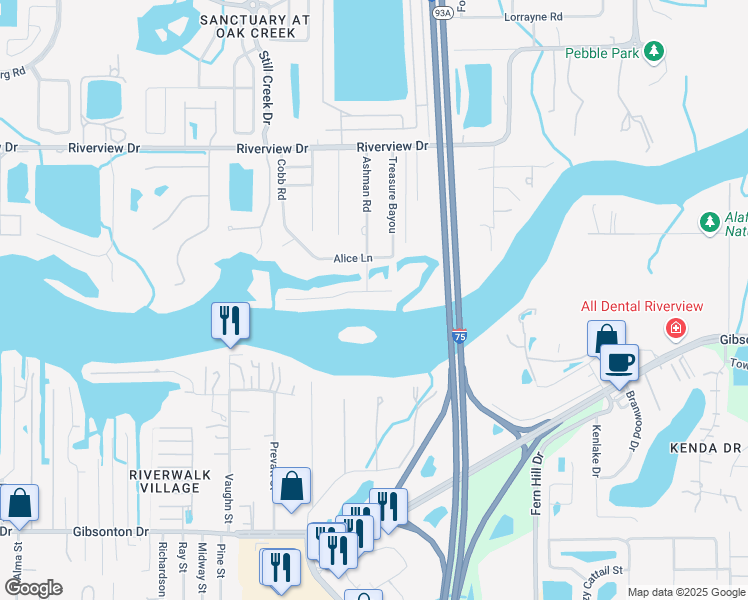 map of restaurants, bars, coffee shops, grocery stores, and more near 9501 River Cove Drive in Riverview