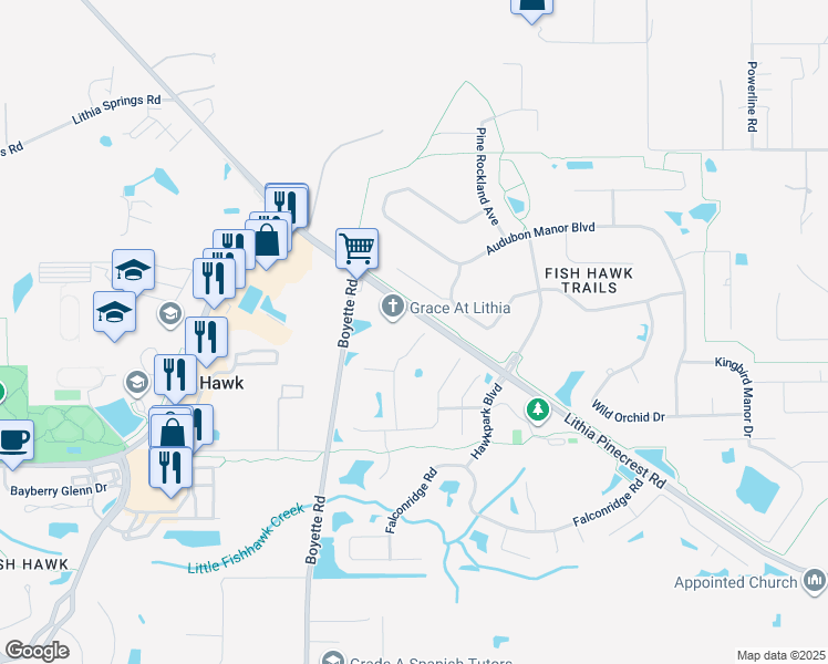 map of restaurants, bars, coffee shops, grocery stores, and more near 5605 Hawklake Road in Lithia