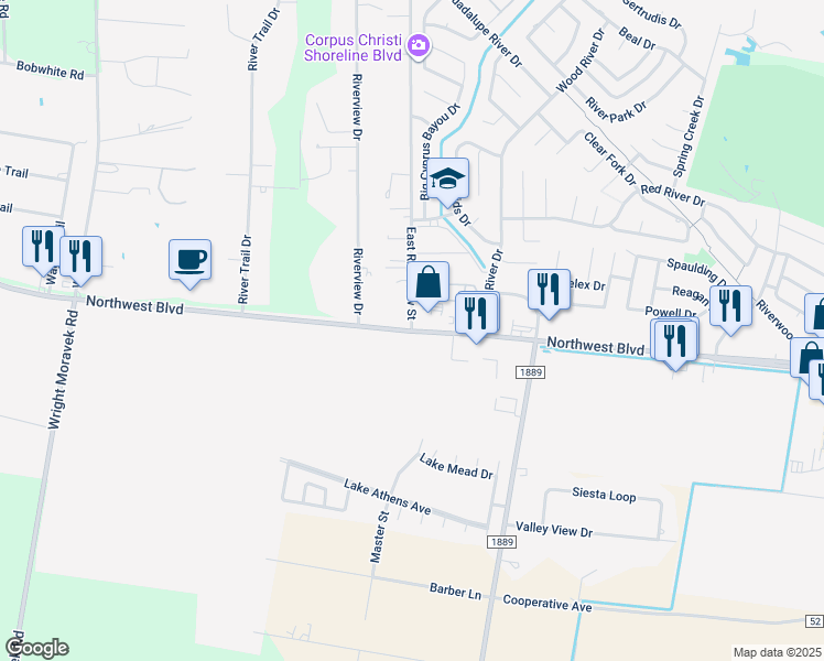 map of restaurants, bars, coffee shops, grocery stores, and more near 15117 Northwest Boulevard in Corpus Christi