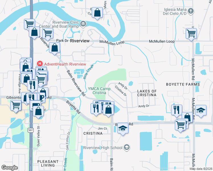map of restaurants, bars, coffee shops, grocery stores, and more near 11319 Andy Drive in Riverview