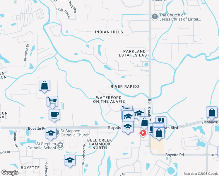 map of restaurants, bars, coffee shops, grocery stores, and more near 13106 Waterford Run Dr in Riverview