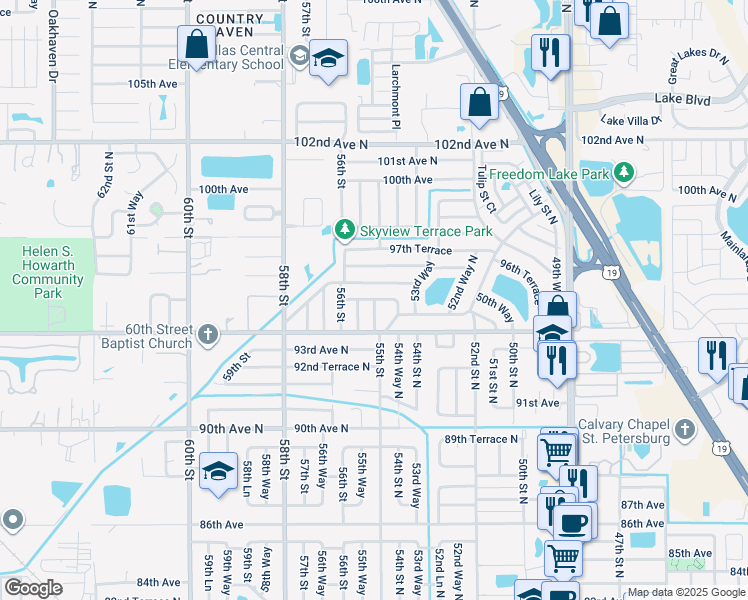 map of restaurants, bars, coffee shops, grocery stores, and more near 55th Street North in Pinellas Park