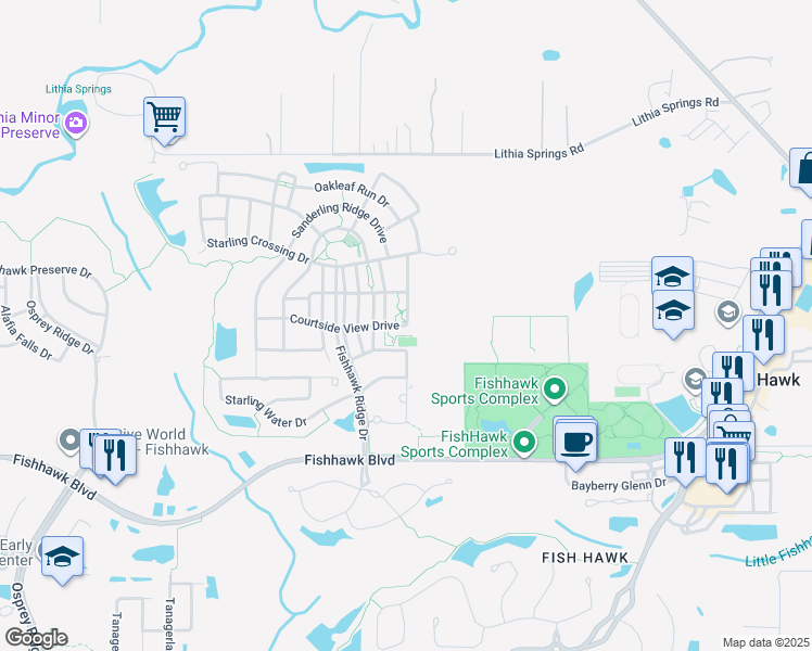 map of restaurants, bars, coffee shops, grocery stores, and more near 15705 Courtside View Drive in Lithia