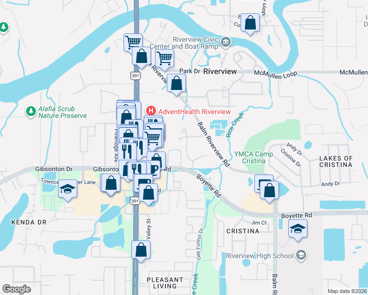 map of restaurants, bars, coffee shops, grocery stores, and more near 10810 Boyette Road in Riverview
