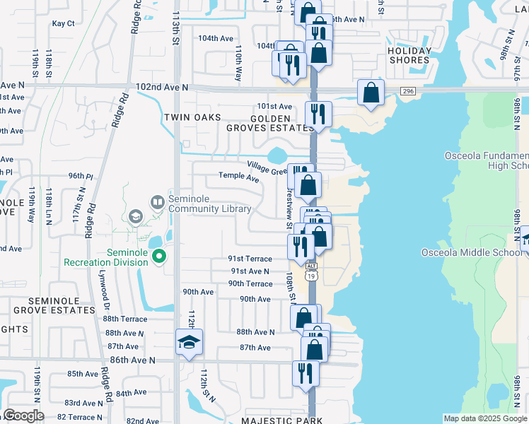 map of restaurants, bars, coffee shops, grocery stores, and more near 10896 Valencia Avenue in Seminole