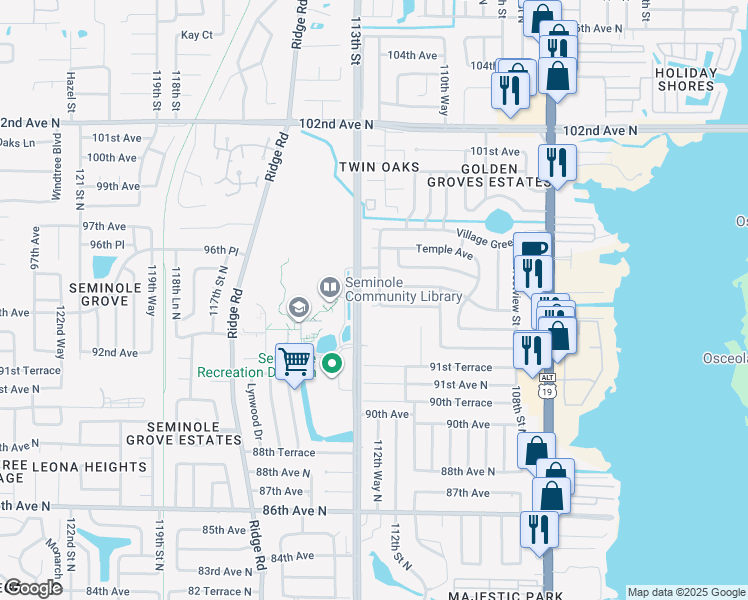 map of restaurants, bars, coffee shops, grocery stores, and more near 11273 Freedom Court in Seminole