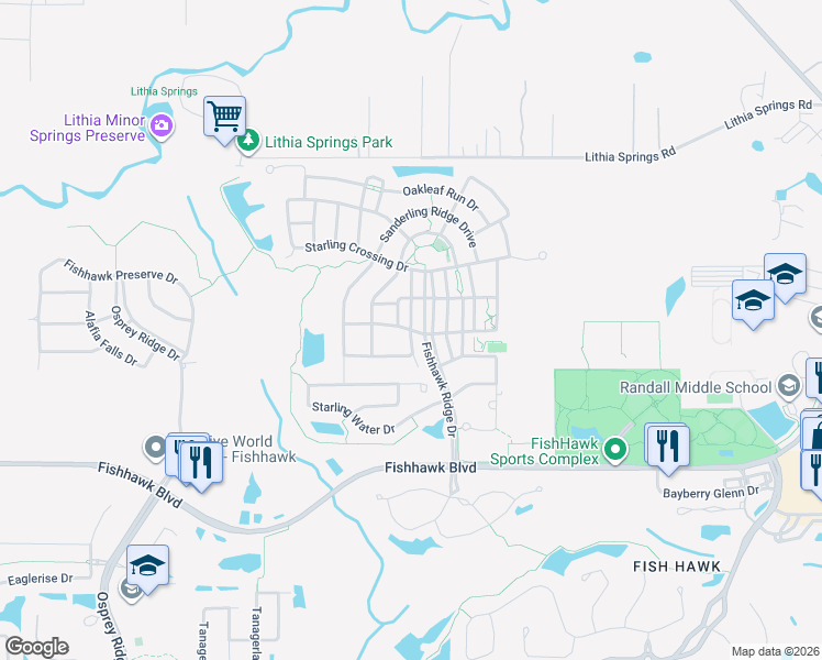 map of restaurants, bars, coffee shops, grocery stores, and more near Courtside View Drive in Fish Hawk