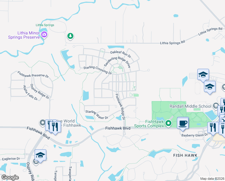 map of restaurants, bars, coffee shops, grocery stores, and more near Courtside View Drive in Fish Hawk