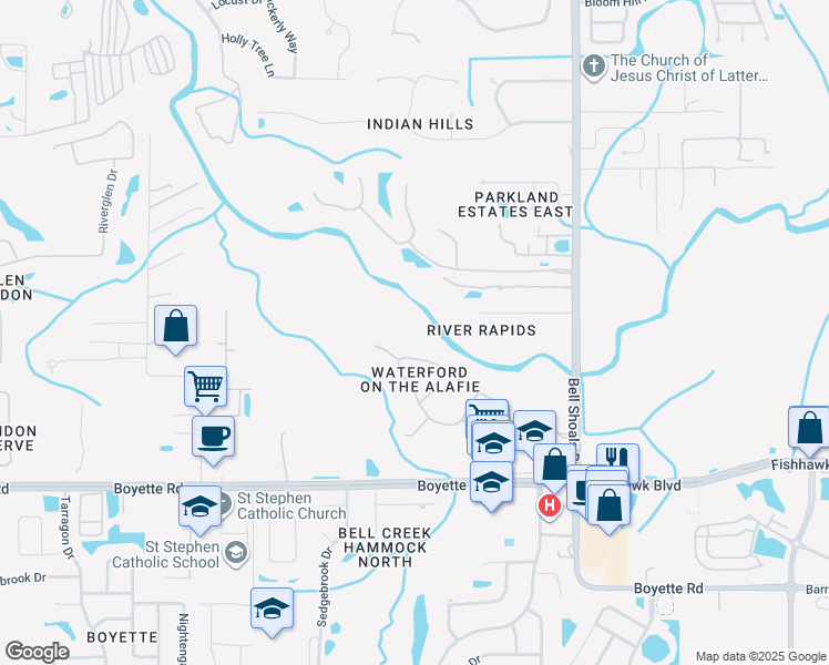 map of restaurants, bars, coffee shops, grocery stores, and more near 13106 Waterford Run Drive in Riverview
