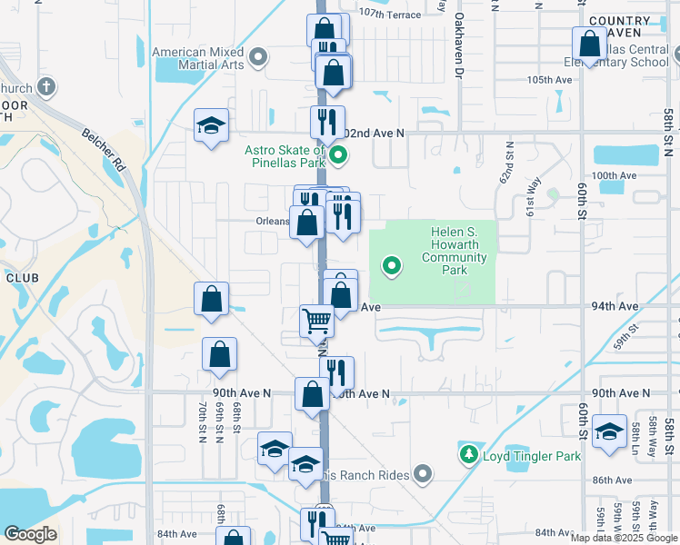 map of restaurants, bars, coffee shops, grocery stores, and more near 9625 66th Street North in Pinellas Park