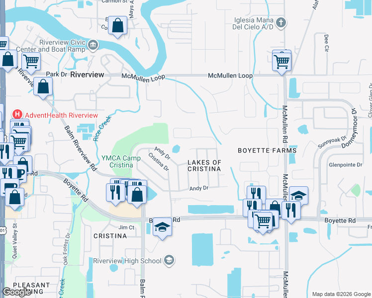 map of restaurants, bars, coffee shops, grocery stores, and more near 9702 Mary Robin Drive in Riverview