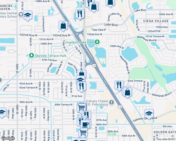 map of restaurants, bars, coffee shops, grocery stores, and more near 9505 49th Street North in Pinellas Park