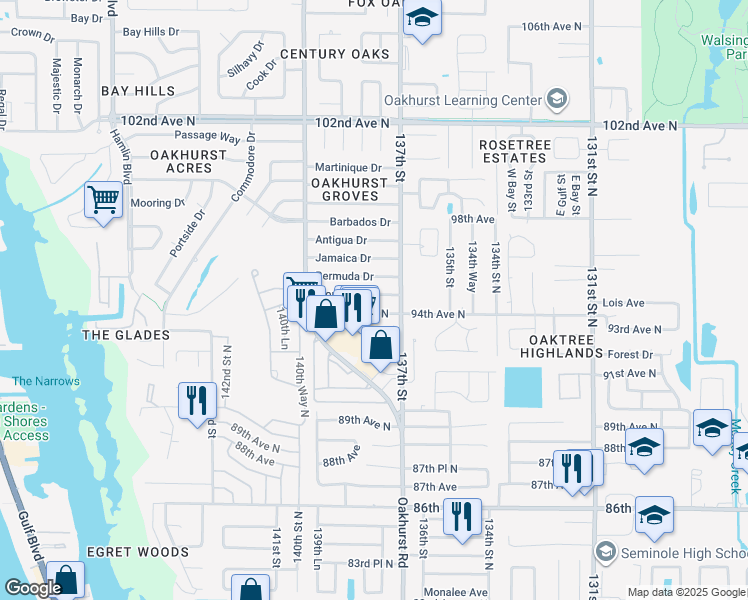 map of restaurants, bars, coffee shops, grocery stores, and more near 13832 Bermuda Drive in Seminole