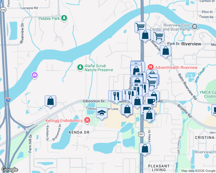 map of restaurants, bars, coffee shops, grocery stores, and more near 9539 Tocobaga Place in Riverview