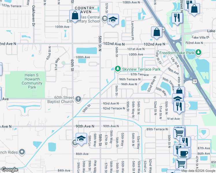 map of restaurants, bars, coffee shops, grocery stores, and more near 5681 94th Terrace North in Pinellas Park