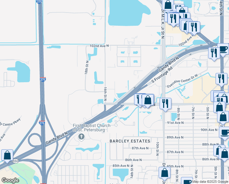 map of restaurants, bars, coffee shops, grocery stores, and more near 9414 International Court North in Saint Petersburg