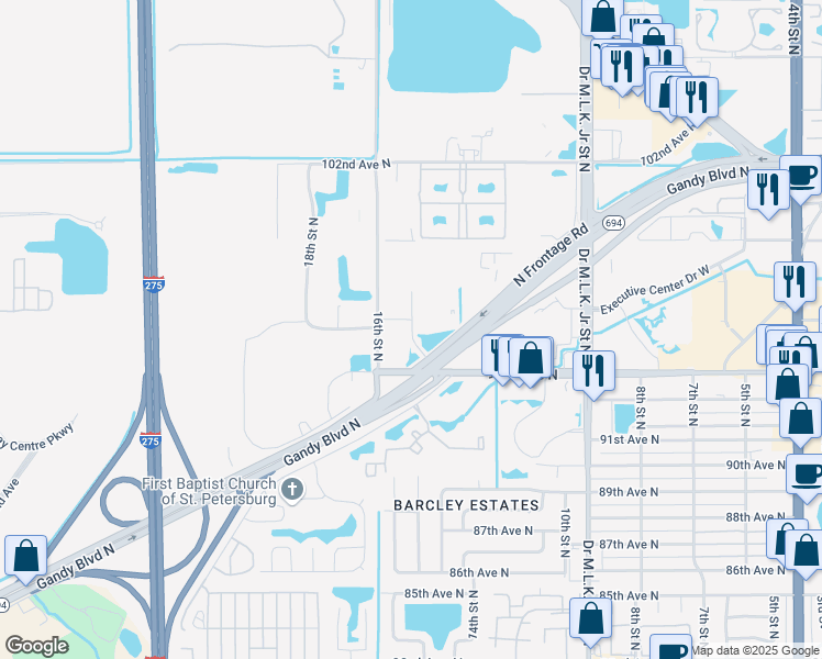 map of restaurants, bars, coffee shops, grocery stores, and more near 9414 International Court North in Saint Petersburg