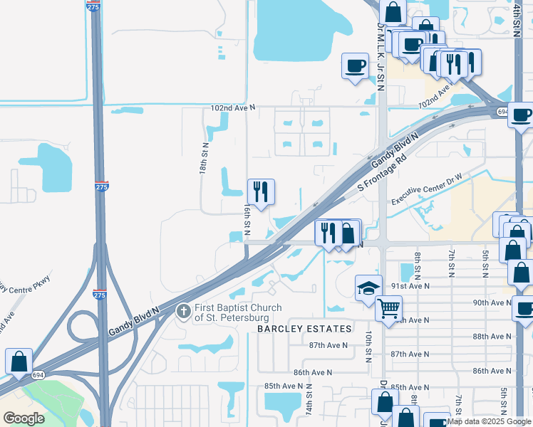 map of restaurants, bars, coffee shops, grocery stores, and more near 9424 International Court North in Saint Petersburg