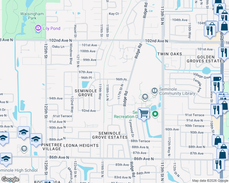 map of restaurants, bars, coffee shops, grocery stores, and more near 9484 117th Street North in Seminole