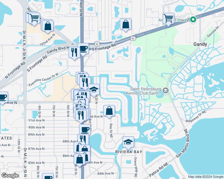 map of restaurants, bars, coffee shops, grocery stores, and more near 9570 Sun Isle Drive Northeast in Saint Petersburg