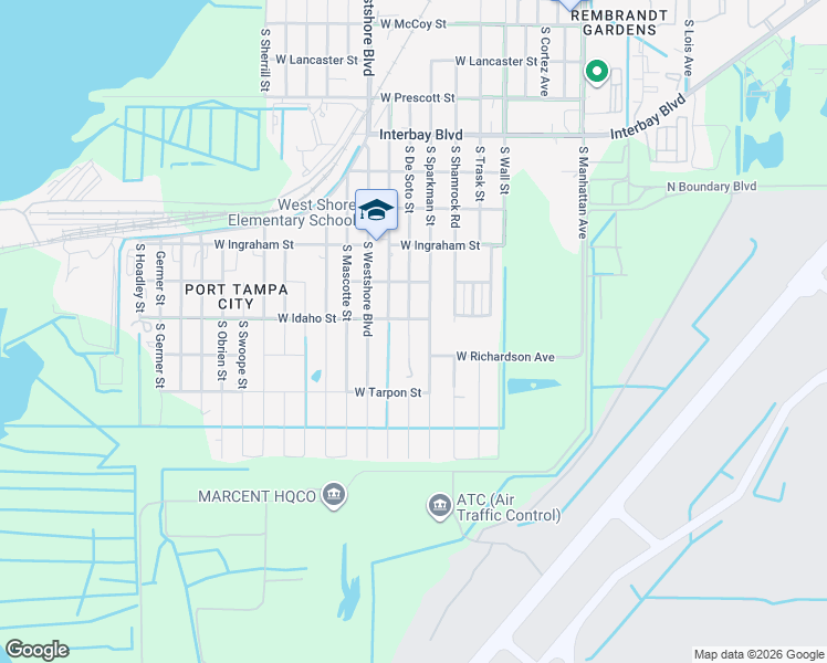 map of restaurants, bars, coffee shops, grocery stores, and more near 7404 South De Soto Street in Tampa