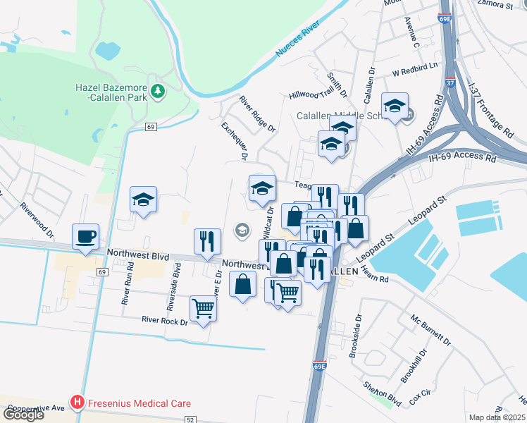 map of restaurants, bars, coffee shops, grocery stores, and more near 4001 Wildcat Drive in Corpus Christi